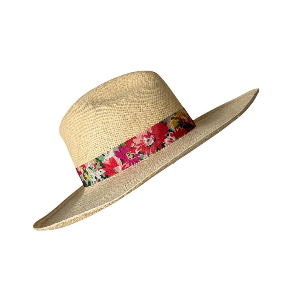 J.Crew Straw Wide-brim Panama Hat with a Floral Print Band Size Small Medium
